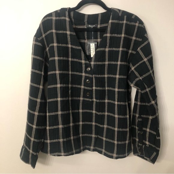 Madewell True Black Windowpane Chelston V-Neck Button Front Top Size XL NWT - Picture 4 of 11